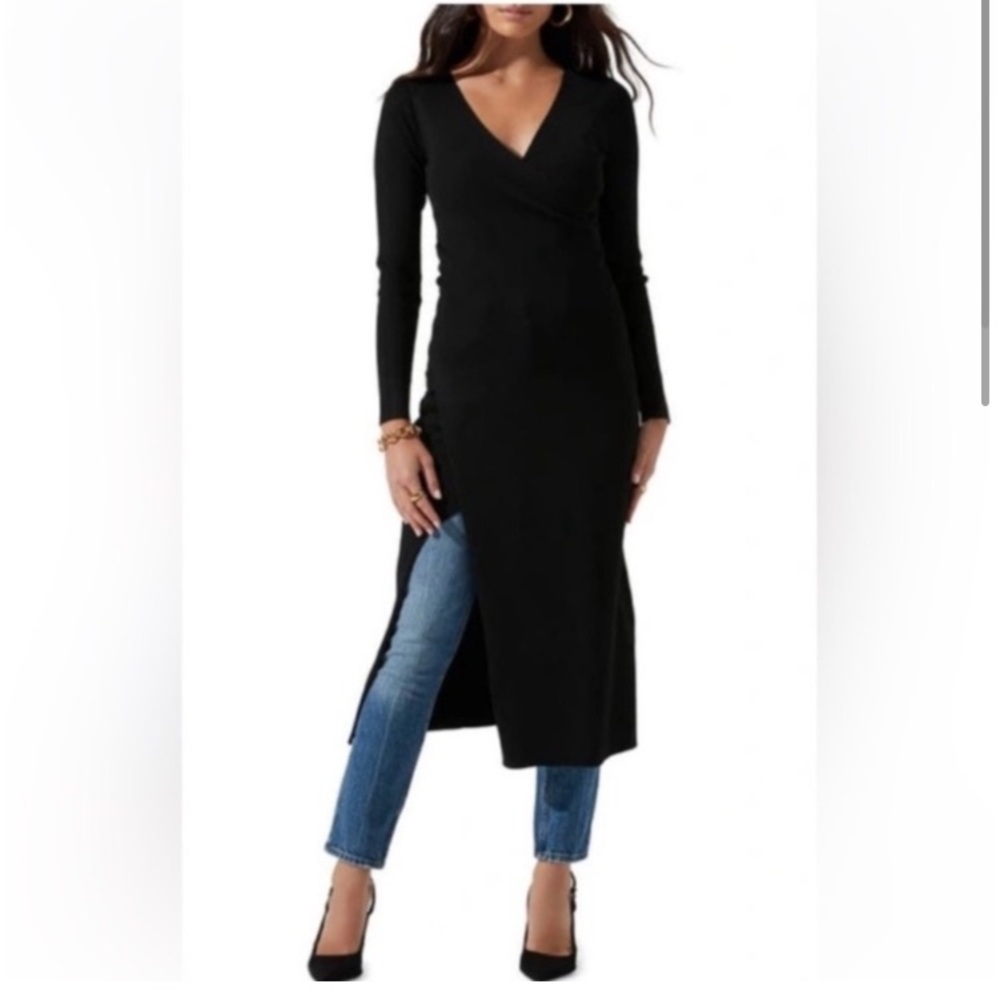 ASTR Minimalist Rib Knit Deep V Wrap Front Maxi Length Side Slit Sweater Dress M